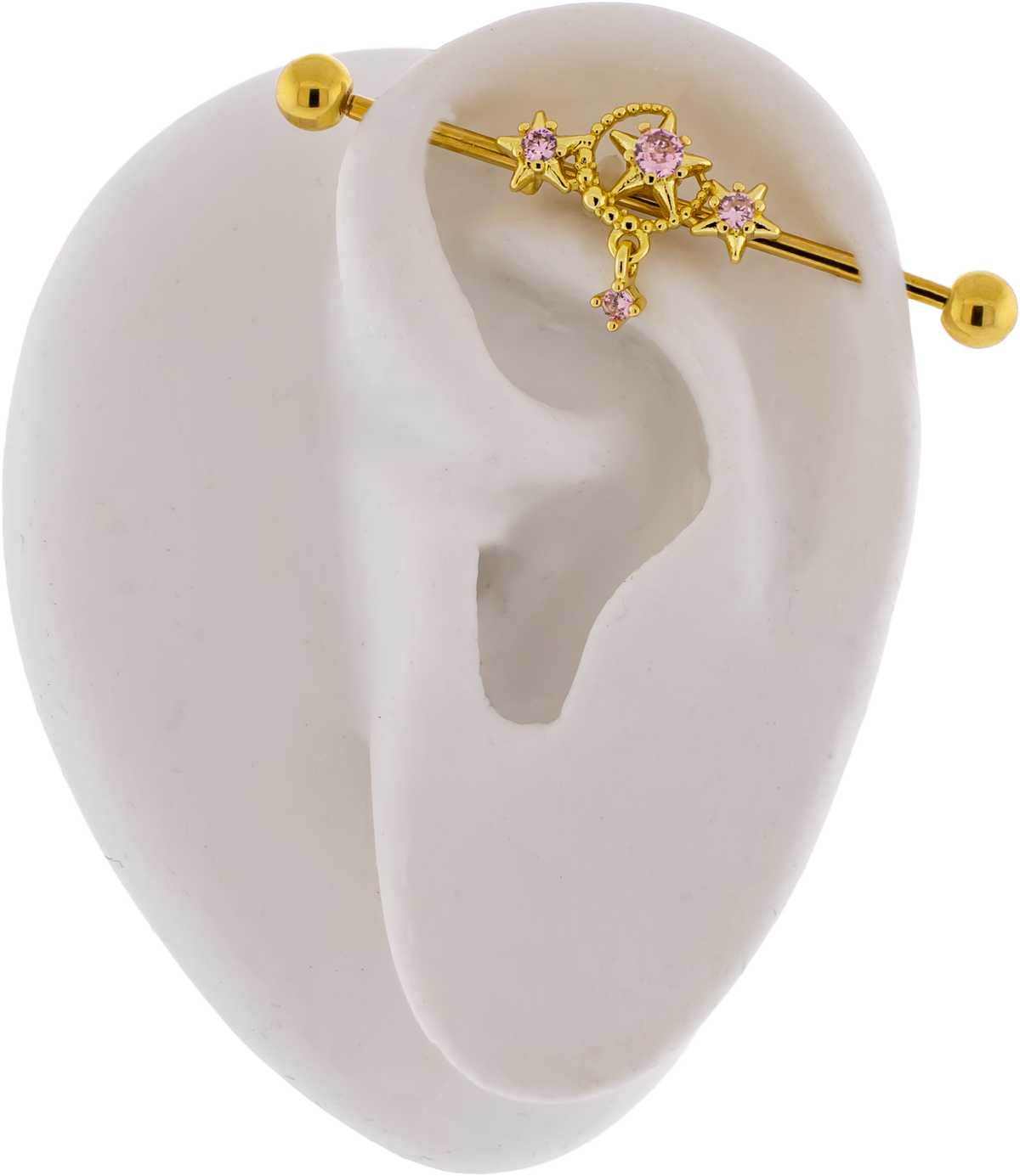 14G Moon And Star With Pink Gems Industrial Barbell