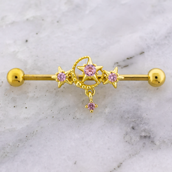 14G Moon And Star With Pink Gems Industrial Barbell | Body Jewelry | Wiccan Center