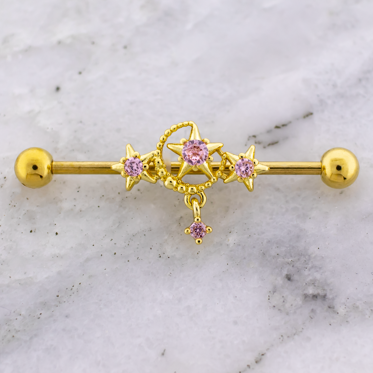 14G Moon And Star With Pink Gems Industrial Barbell
