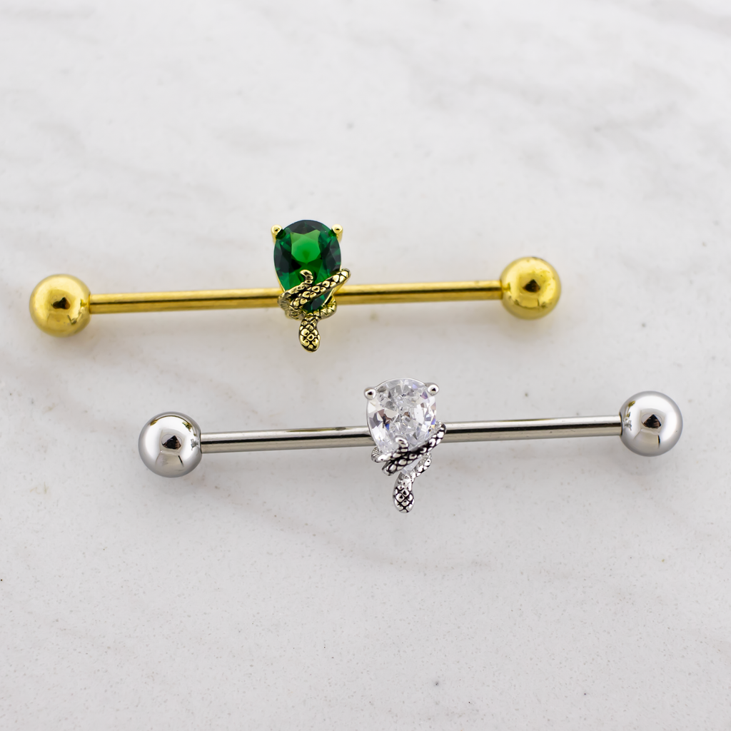14G Industrial Barbell - Snake Wrapped on Gem | Body Jewelry | Wiccan Center