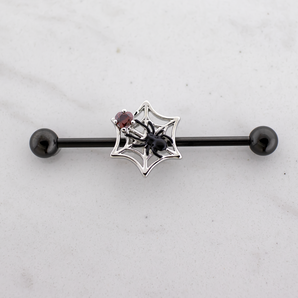 14G Industrial Barbell - Spider on Web | Body Jewelry | Wiccan Center