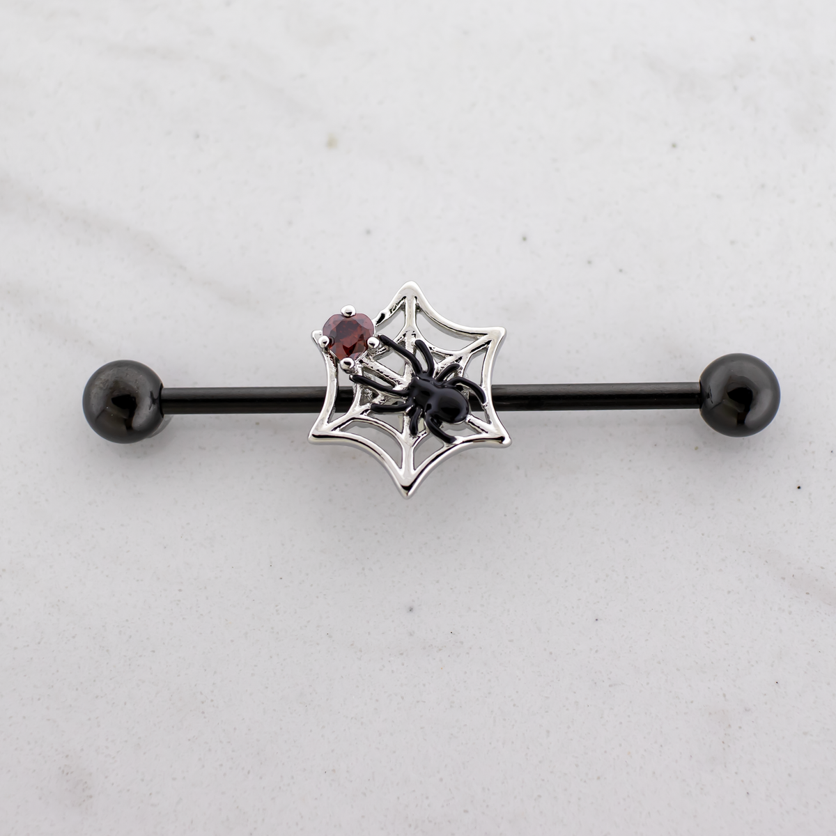 14G Industrial Barbell - Spider on Web | Body Jewelry | Wiccan Center
