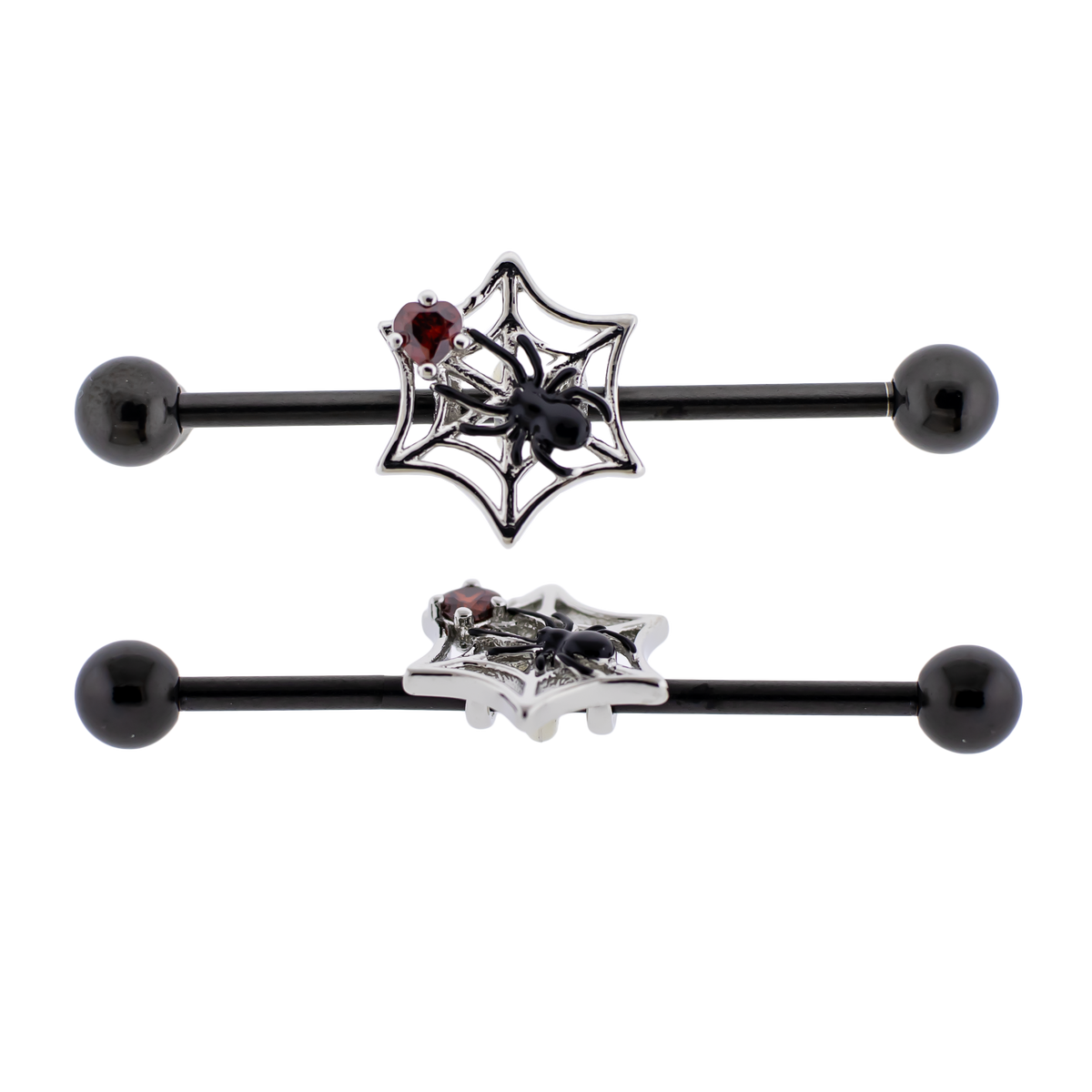 14G Industrial Barbell - Spider on Web | Body Jewelry | Wiccan Center