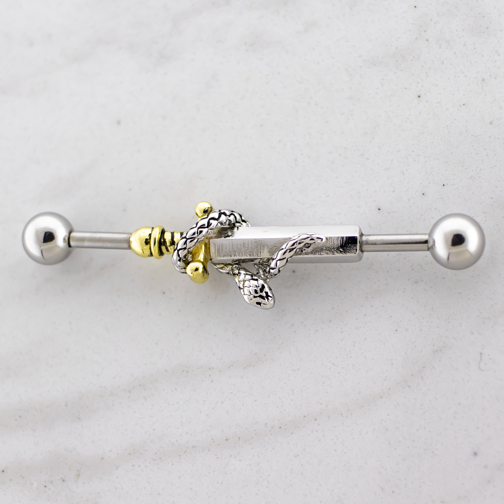 14G Industrial Barbell - Snake Wrapped on Sword | Body Jewelry | Wiccan Center
