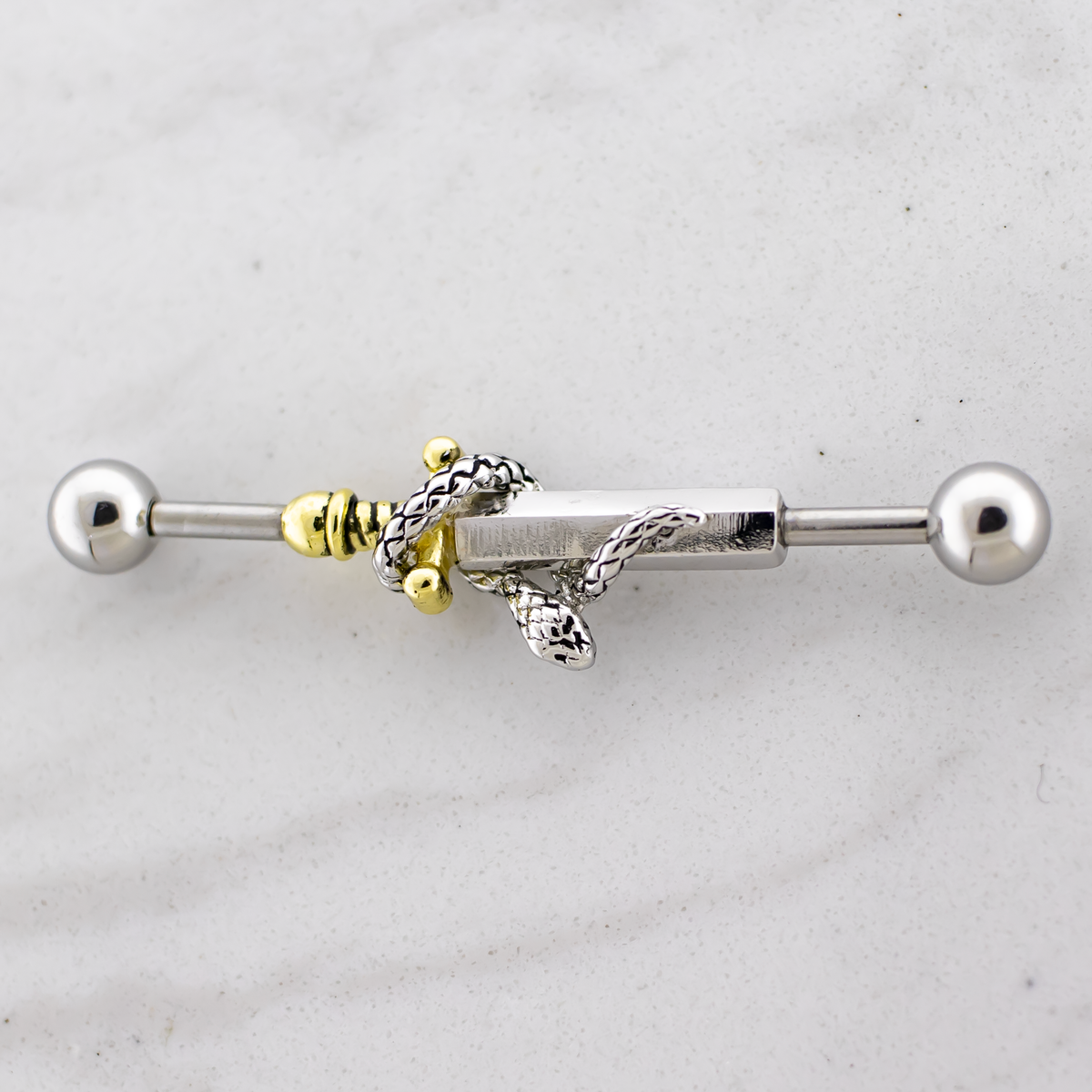 14G Industrial Barbell - Snake Wrapped on Sword | Body Jewelry | Wiccan Center