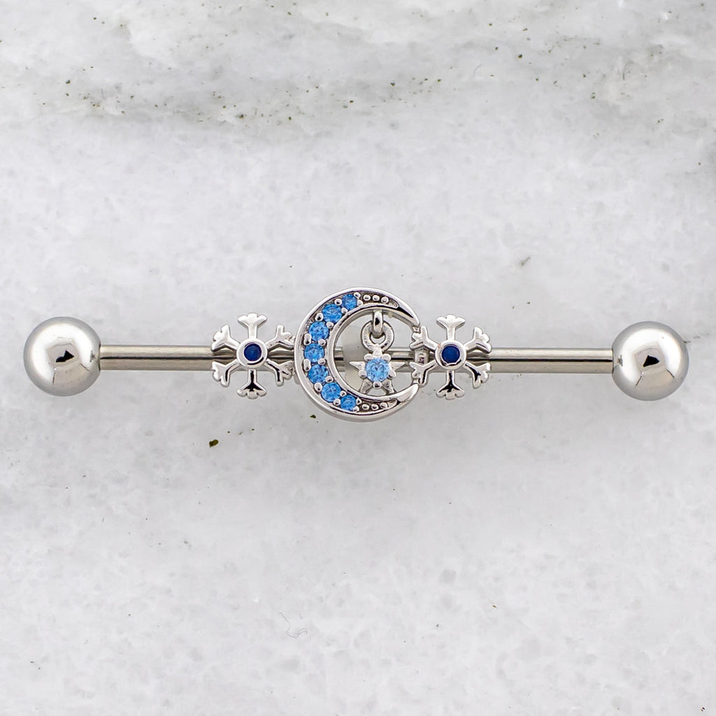 14G Moon With Snowflakes Industrial Barbell | | Wiccan Center