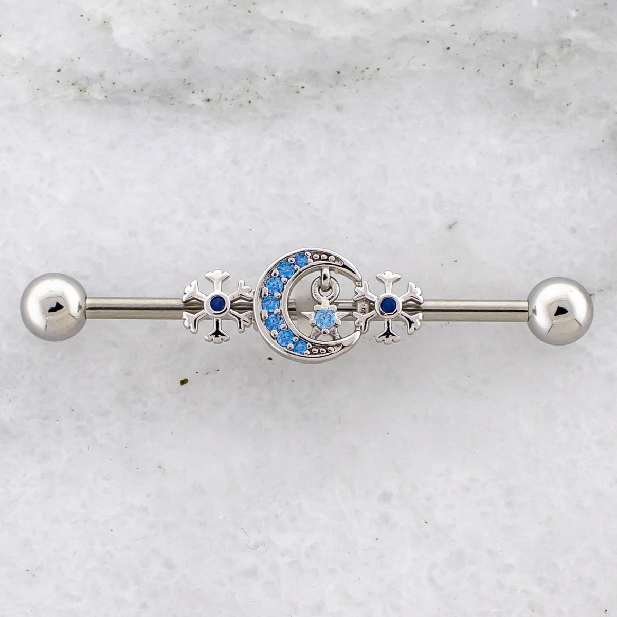 14G Moon With Snowflakes Industrial Barbell | | Wiccan Center