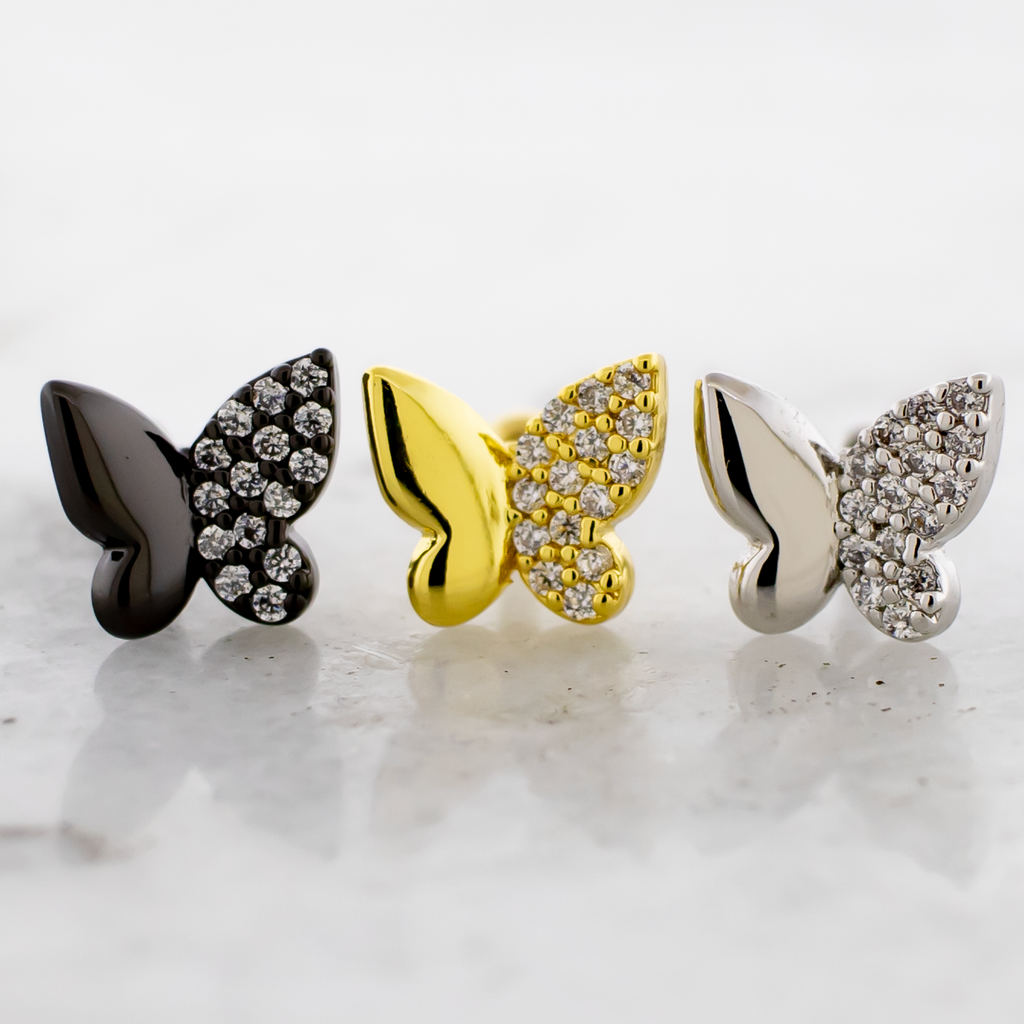 16G Pvd Barbell w/ Half Pave Butterfly | Body Jewelry | Wiccan Center