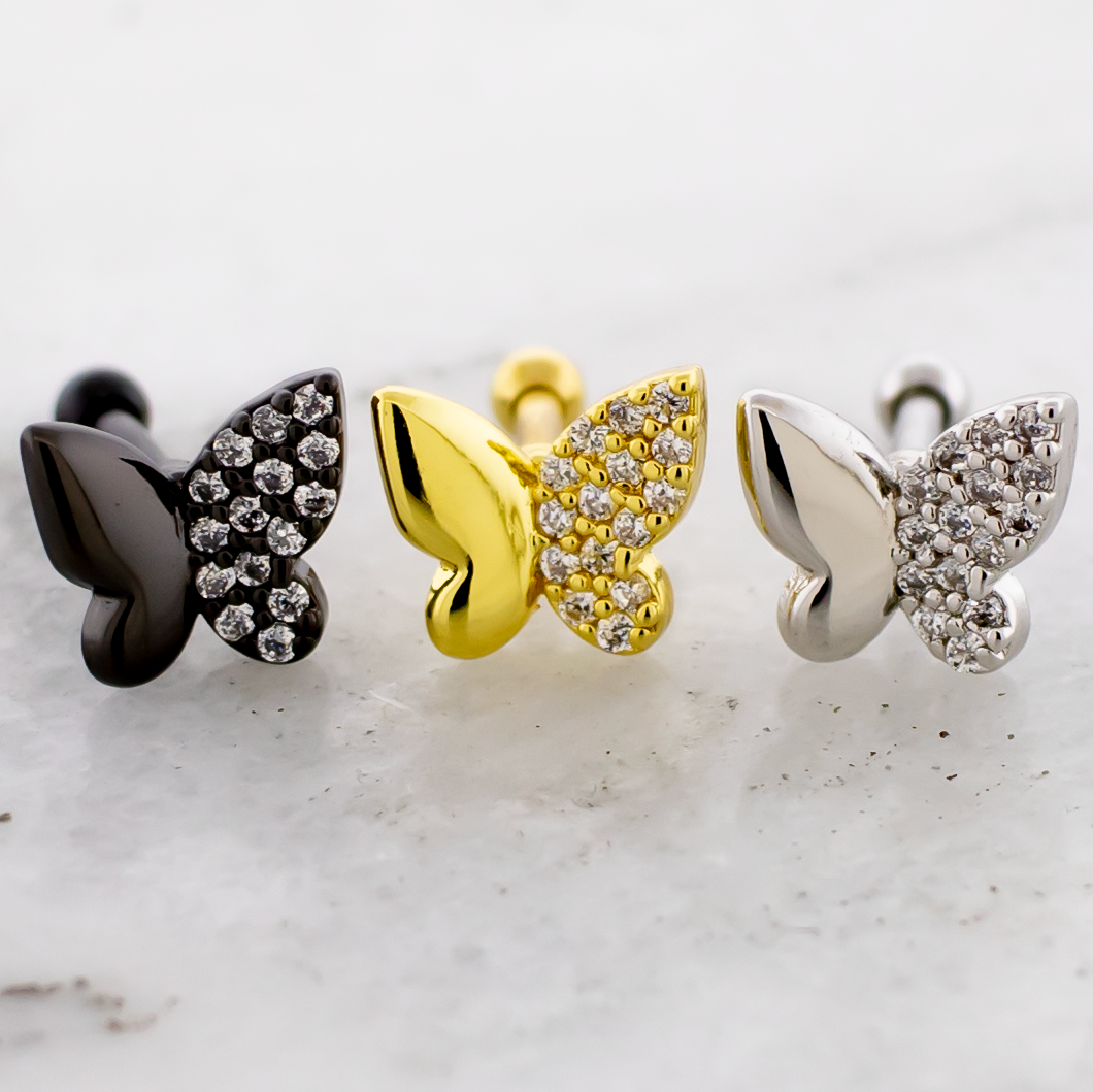 16G Pvd Barbell w/ Half Pave Butterfly | Body Jewelry | Wiccan Center