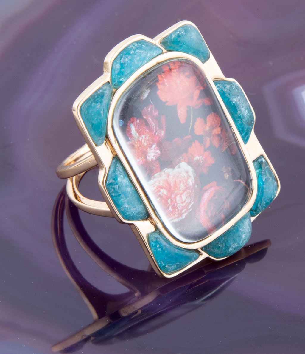 Scenic Red Florals Blue Apatite Golden Statement Ring | Rings | Wiccan Center