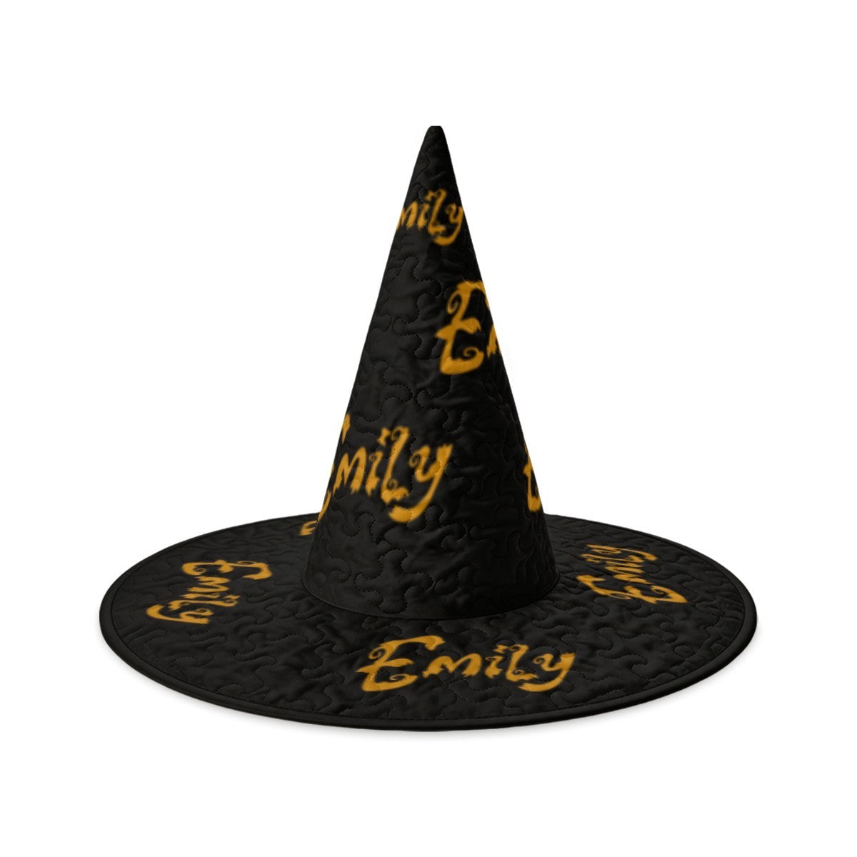 Personalized Halloween Witch Hat with Name Repeated All Over - Custom Name in Gold Dripping Font on All-Black Quilted Witch Hat for Adults and Teens | Hats | Wiccan Center