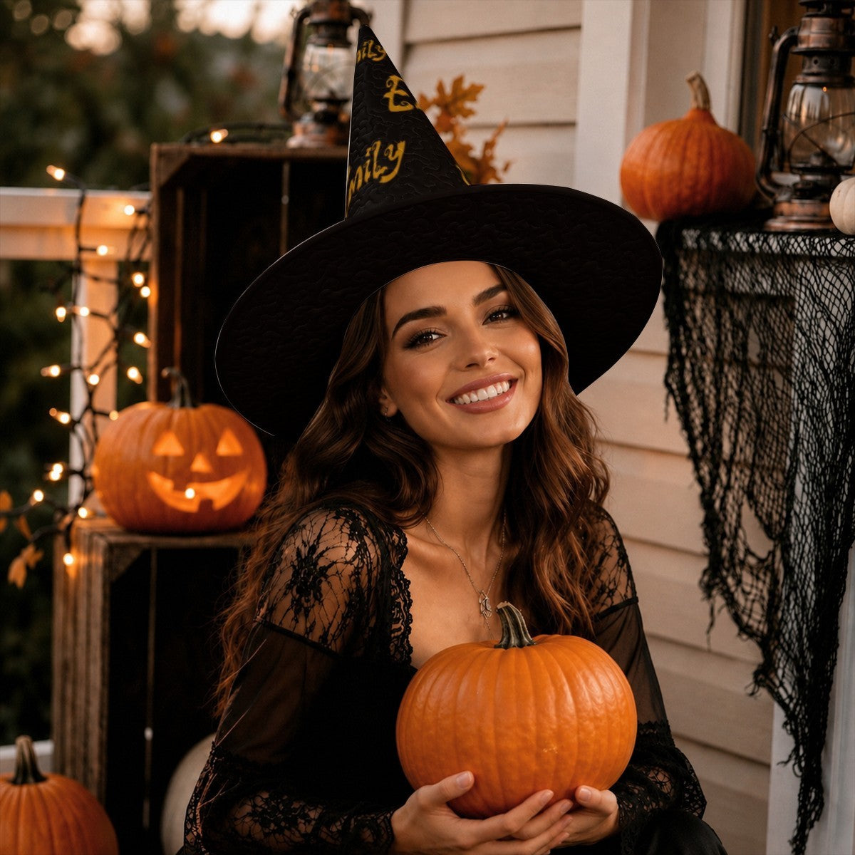 Personalized Halloween Witch Hat with Name Repeated All Over - Custom Name in Gold Dripping Font on All-Black Quilted Witch Hat for Adults and Teens | Hats | Wiccan Center