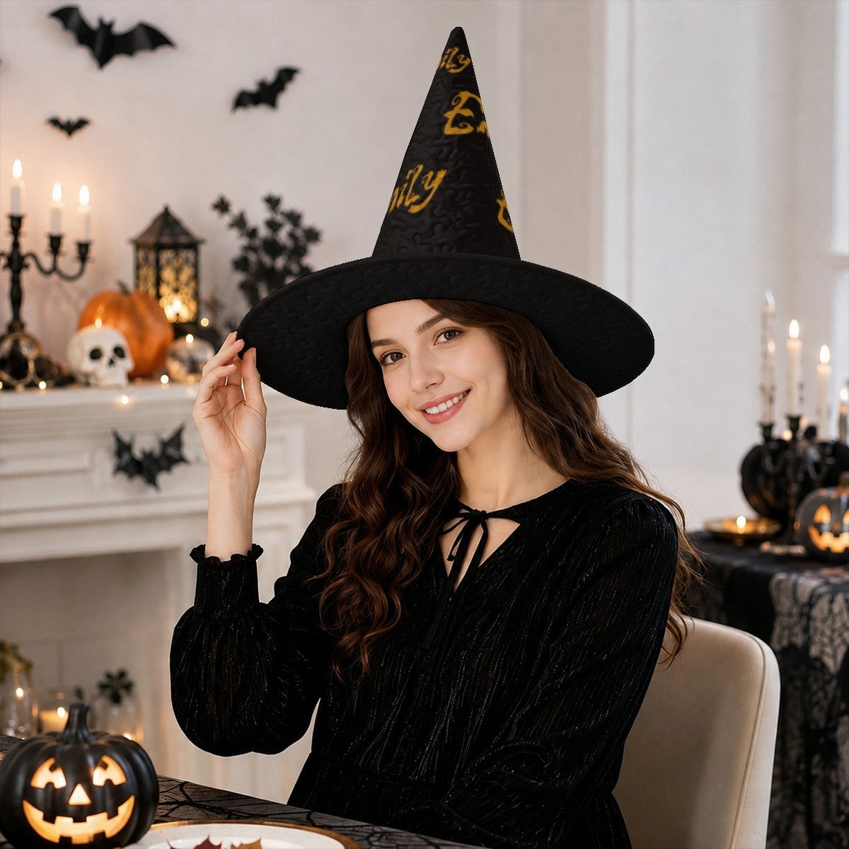 Personalized Halloween Witch Hat with Name Repeated All Over - Custom Name in Gold Dripping Font on All-Black Quilted Witch Hat for Adults and Teens | Hats | Wiccan Center