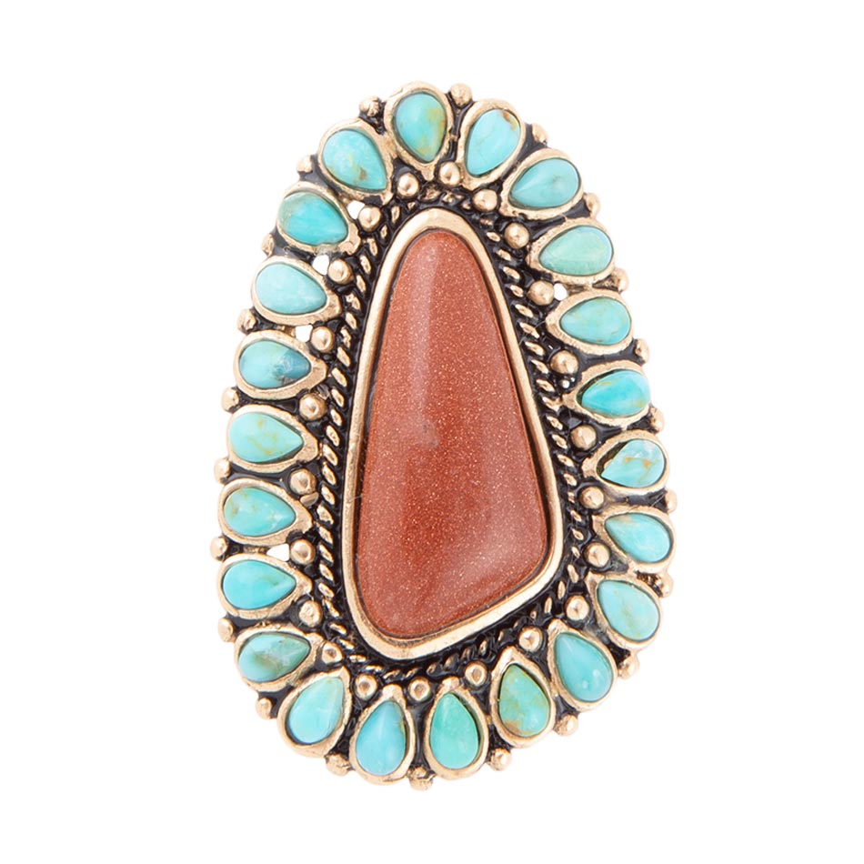 Sedona Blue Turquoise Orange Goldstone Golden Statement Ring | Rings | Wiccan Center