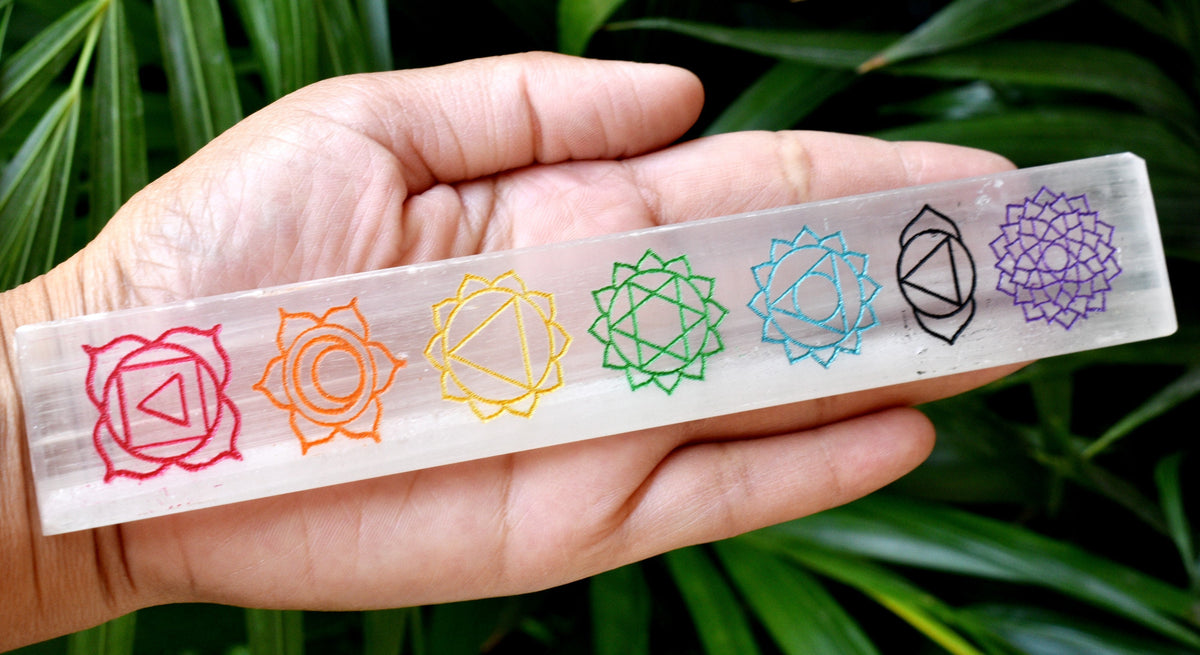 6" Selenite Charging Plate with 7 Chakra Signs, Engraved Chakra Selenite Plate