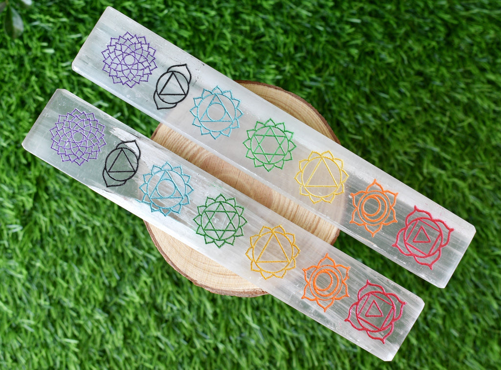 6" Selenite Charging Plate with 7 Chakra Signs, Engraved Chakra Selenite Plate