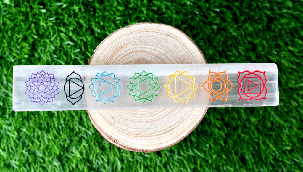 6" Selenite Charging Plate with 7 Chakra Signs, Engraved Chakra Selenite Plate