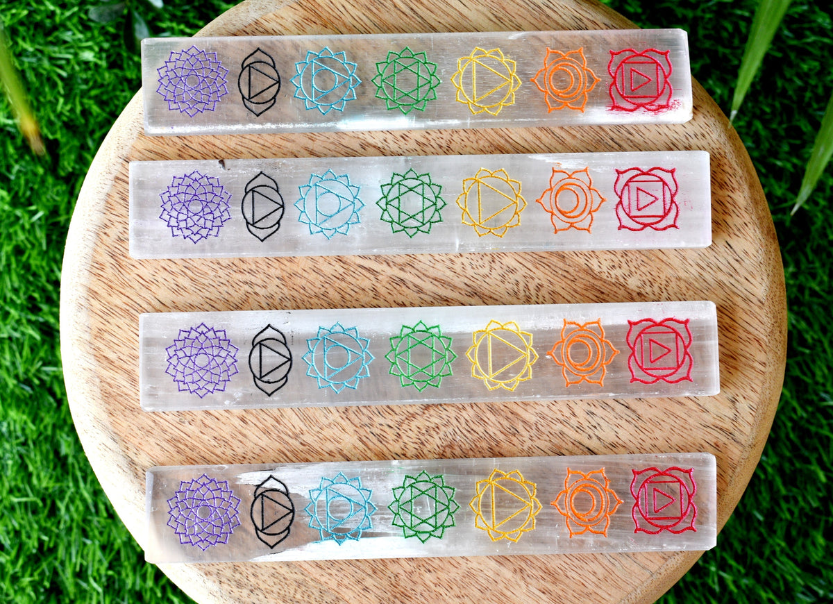 6" Selenite Charging Plate with 7 Chakra Signs, Engraved Chakra Selenite Plate