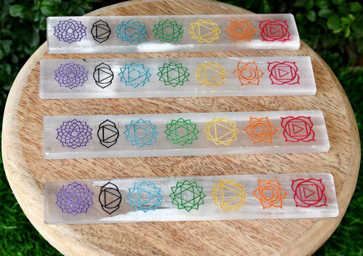 6" Selenite Charging Plate with 7 Chakra Signs, Engraved Chakra Selenite Plate