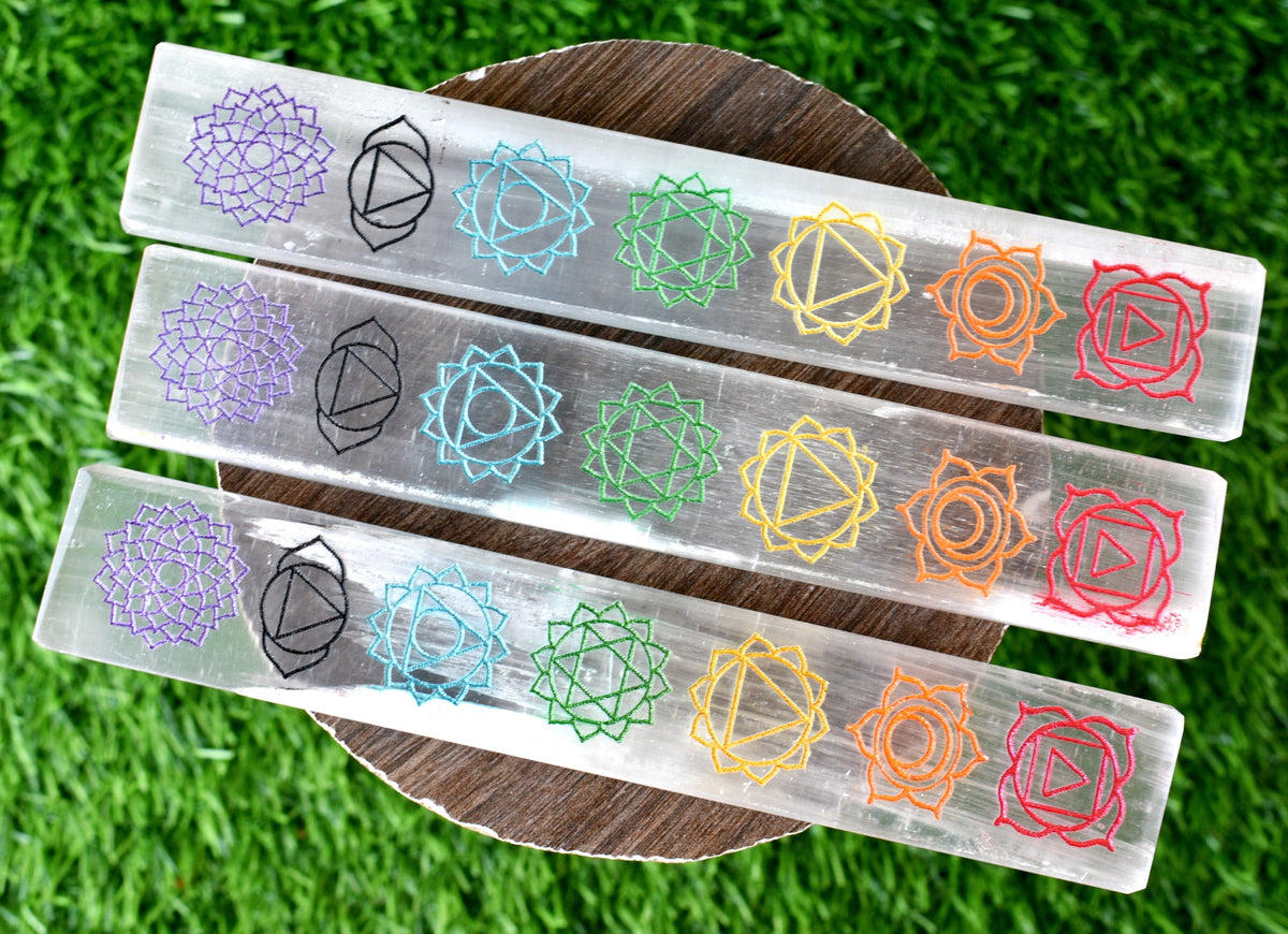6" Selenite Charging Plate with 7 Chakra Signs, Engraved Chakra Selenite Plate
