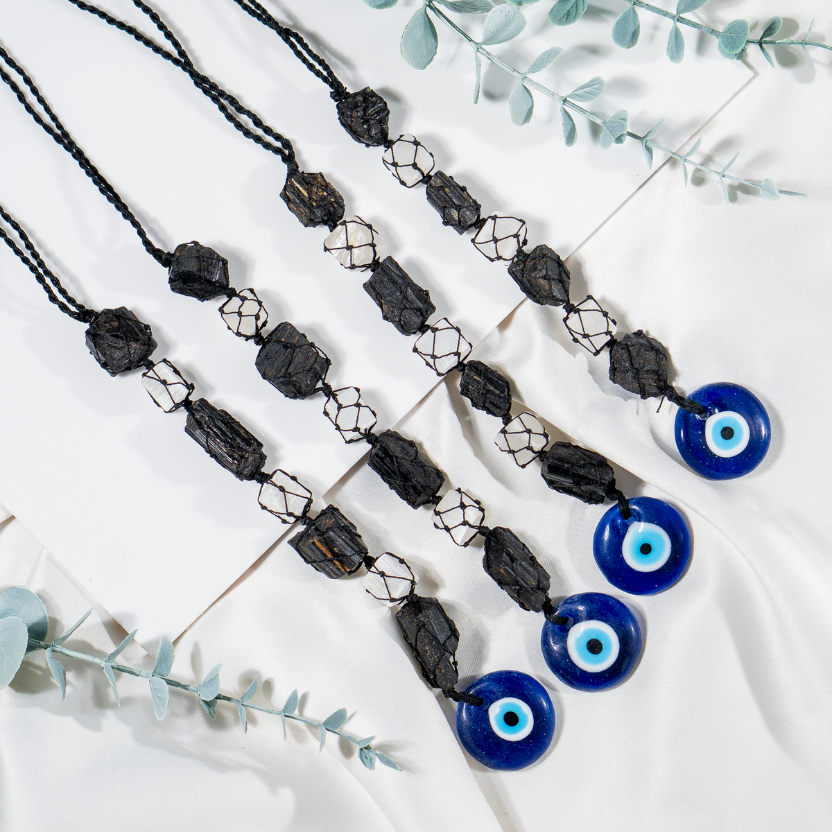 Black Tourmaline & Selenite With Evil Eye Crystal Hanger