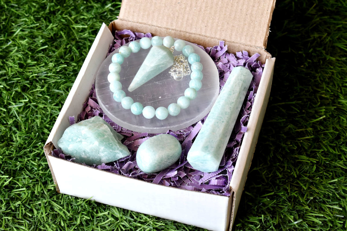 Amazonite Crystal Gift Set For Emotional Support and Protection, Real Polished Gemstones. | Merkaba & Platonic Solids | Wiccan Center