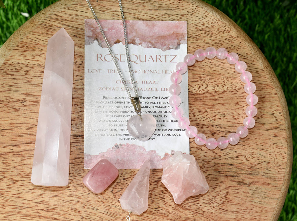 Rose Quartz Crystal Gift Set For Emotional Support and Protection, Real Polished Gemstones. | Merkaba & Platonic Solids | Wiccan Center