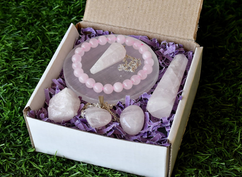 Rose Quartz Crystal Gift Set For Emotional Support and Protection, Real Polished Gemstones. | Merkaba & Platonic Solids | Wiccan Center