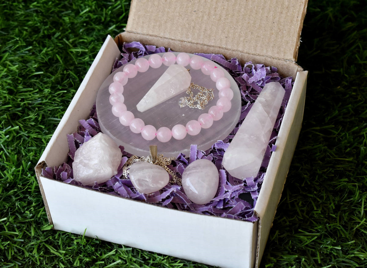 Rose Quartz Crystal Gift Set For Emotional Support and Protection, Real Polished Gemstones. | Merkaba & Platonic Solids | Wiccan Center
