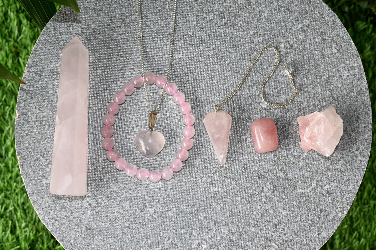 Rose Quartz Crystal Gift Set For Emotional Support and Protection, Real Polished Gemstones. | Merkaba & Platonic Solids | Wiccan Center