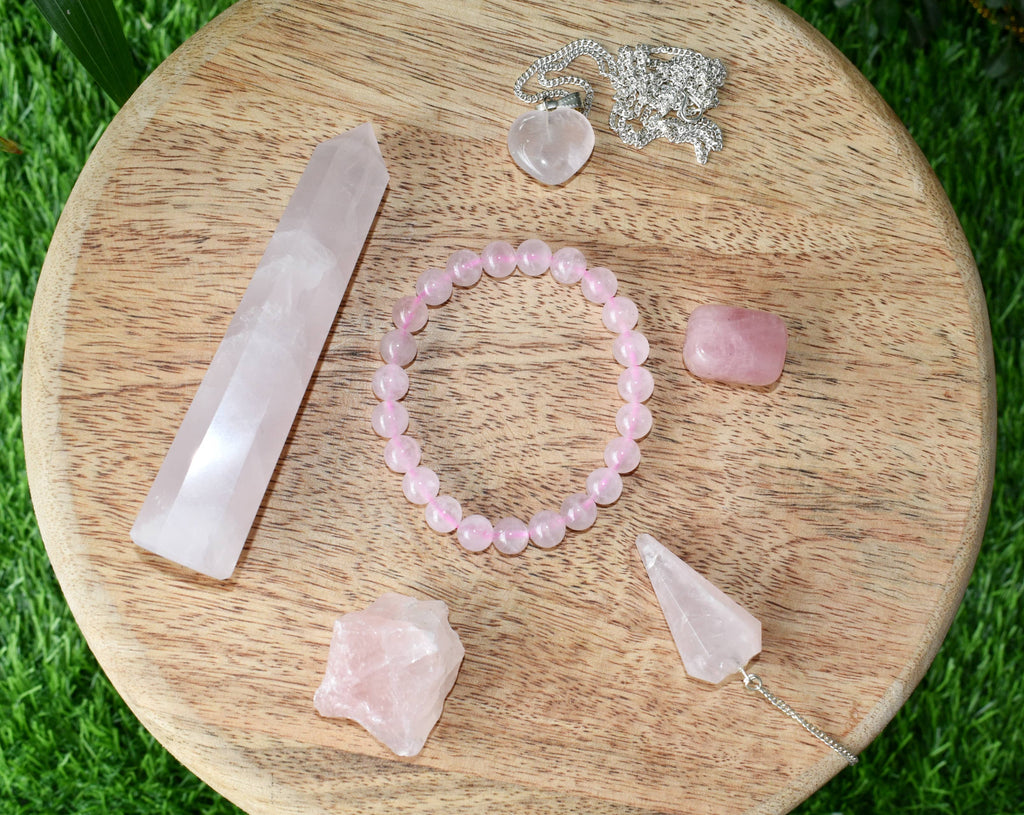 Rose Quartz Crystal Gift Set For Emotional Support and Protection, Real Polished Gemstones. | Merkaba & Platonic Solids | Wiccan Center