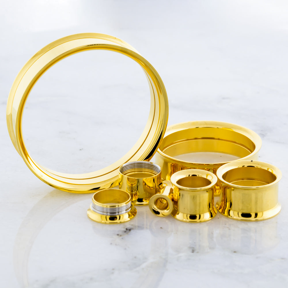Gold Steel Double Flare Tunnels - Internally Threaded | Body Jewelry | Wiccan Center