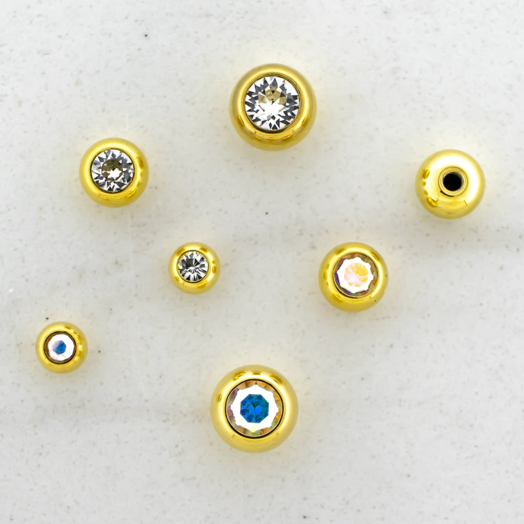 Steel Externally Threaded End - Gold PVD Coated Balls W/ Gems 16G | Body Jewelry | Wiccan Center