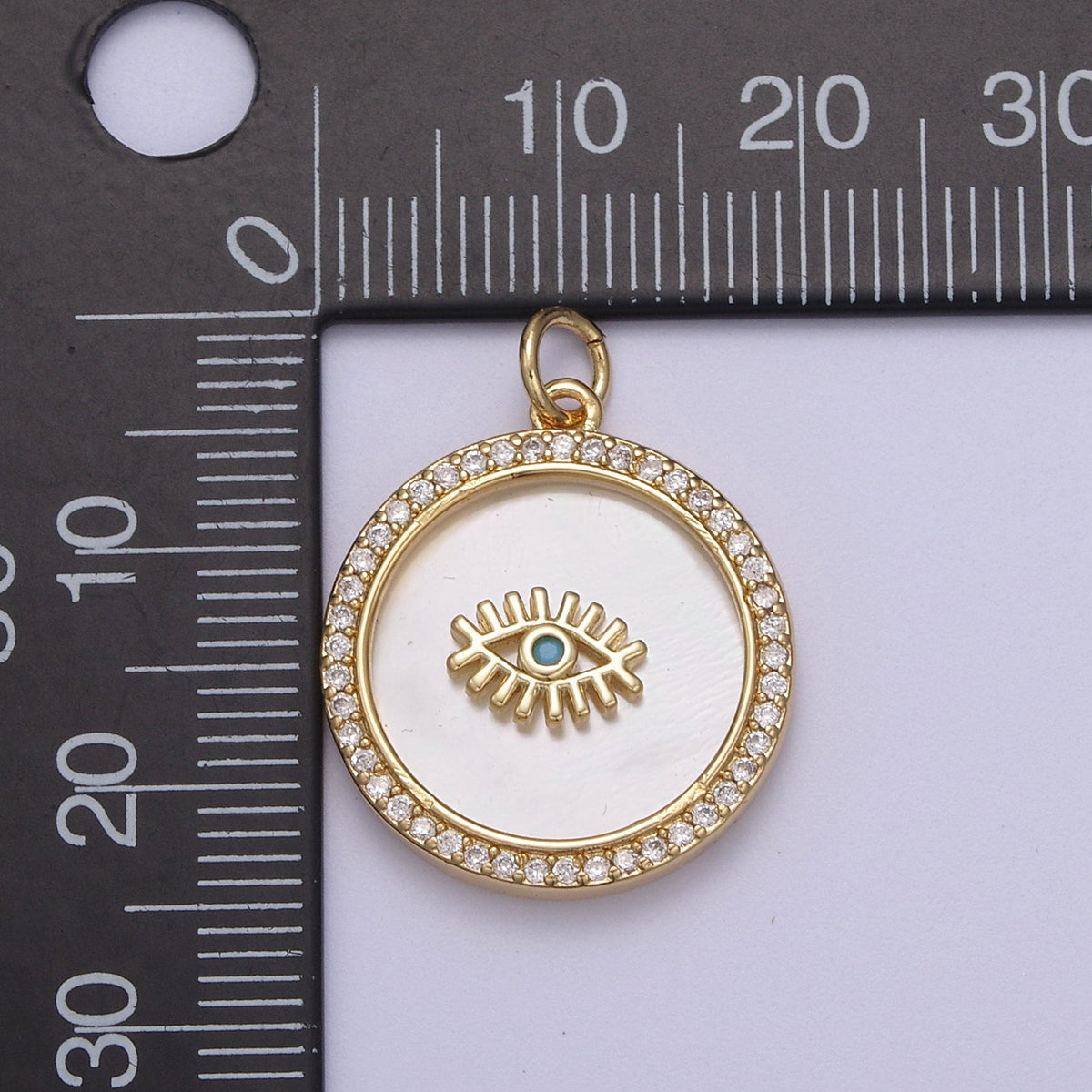 14K Gold Filled Medallion Charm Mother of Pearl, Micro Pave Evil eye Pendant For Minimalist Jewelry N-633 N-634 | Charms & Pendants | Wiccan Center