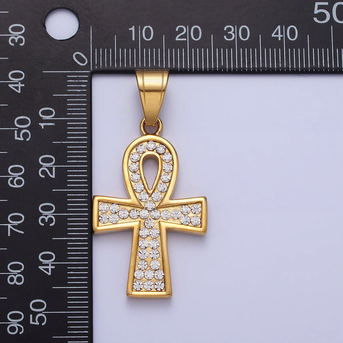 Stainless Steel Clear Micro Paved CZ Egyptian Ankh Key Cross Gold Pendant J-796 | Charms & Pendants | Wiccan Center