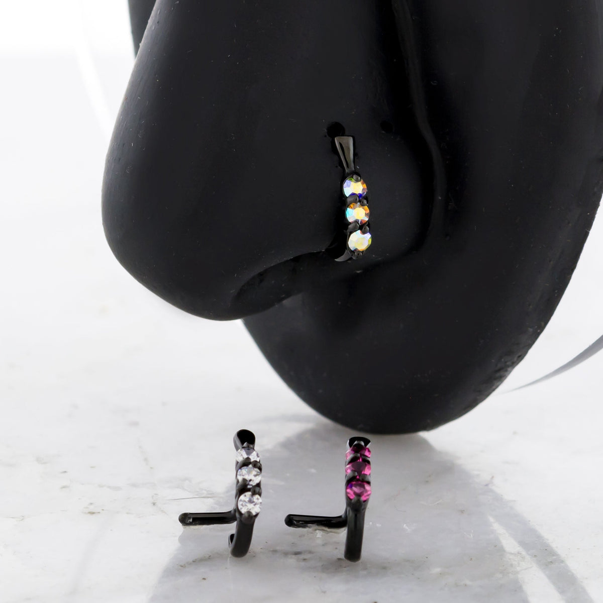 18G Triple Gem Black PVD Nose Curve | Body Jewelry | Wiccan Center