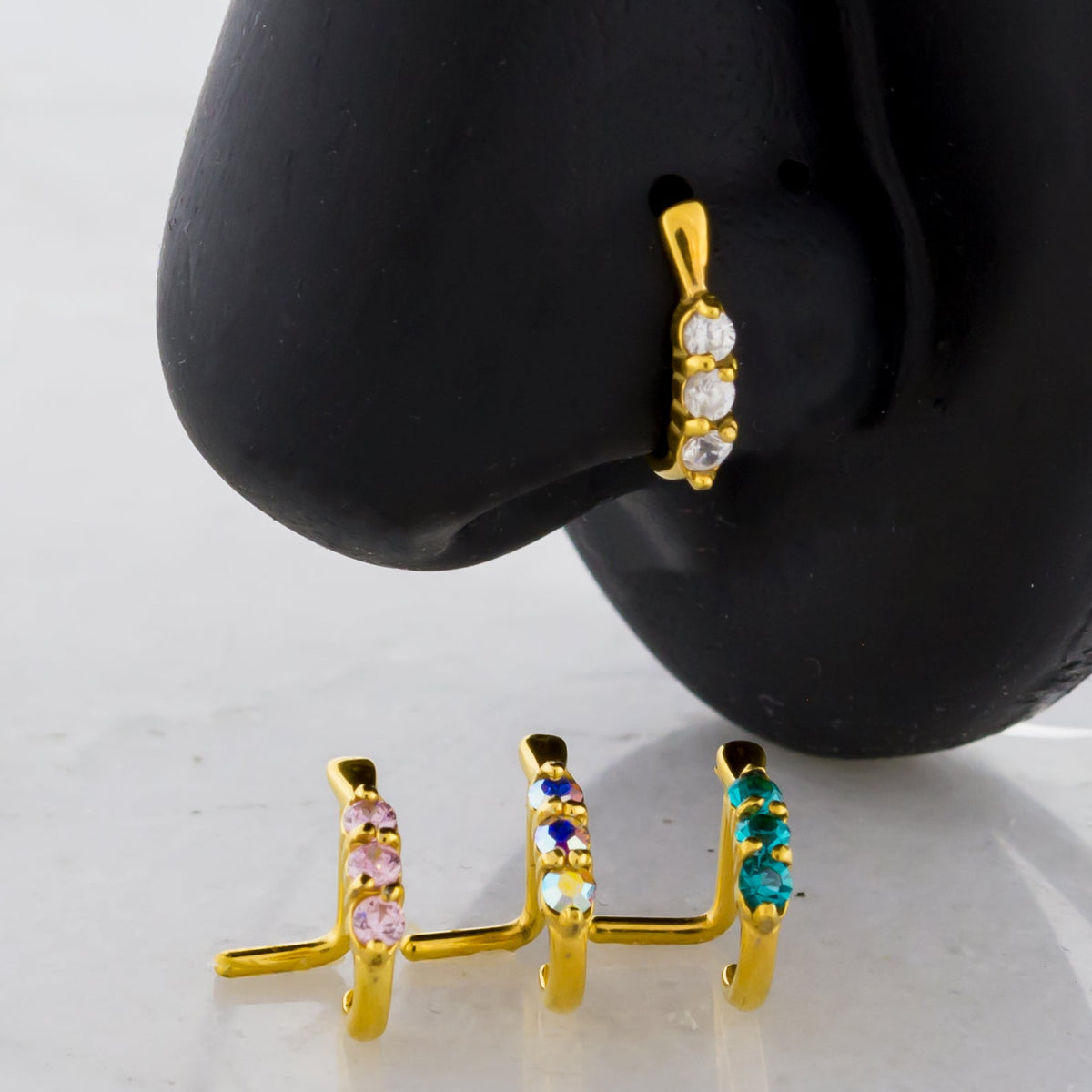 18G Triple Gem Gold PVD Nose Curve | Body Jewelry | Wiccan Center