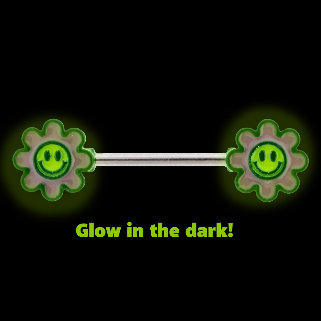 14G Nipple Barbell - Pink Glow in the Dark Flower | Body Jewelry | Wiccan Center