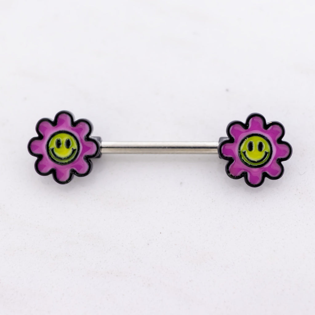 14G Nipple Barbell - Pink Glow in the Dark Flower | Body Jewelry | Wiccan Center