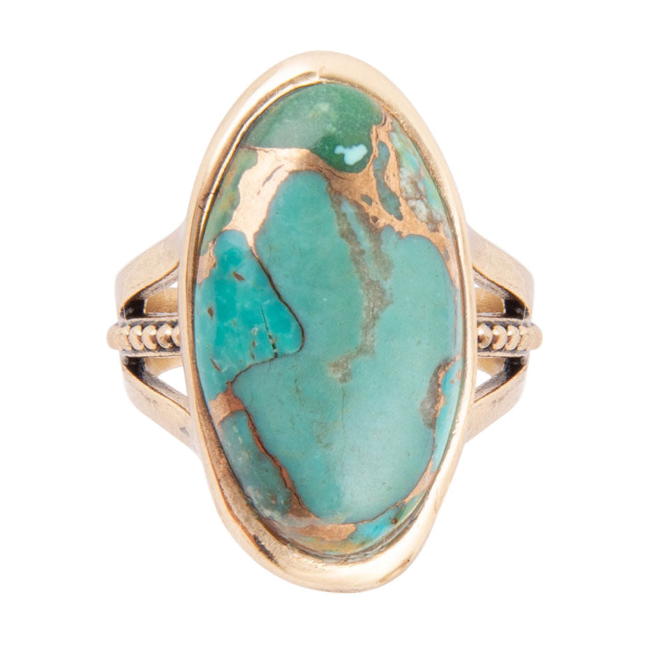 Blue Turquoise and Bronze Matrix Golden Oval Ring | Rings | Wiccan Center