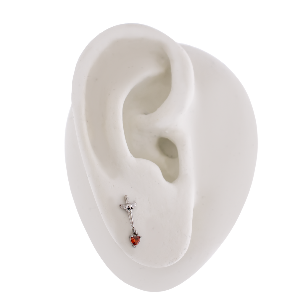 16G/18G Steel Internally Threaded Sword & Skull End with Dangling Red Heart Gem | Body Jewelry | Wiccan Center