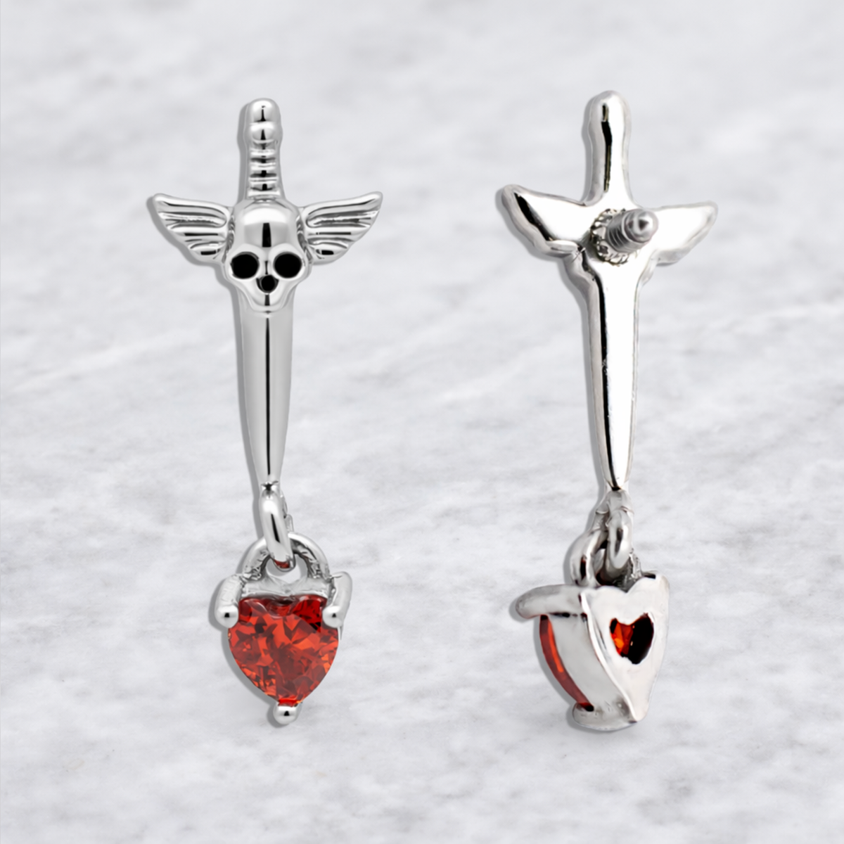 16G/18G Steel Internally Threaded Sword & Skull End with Dangling Red Heart Gem