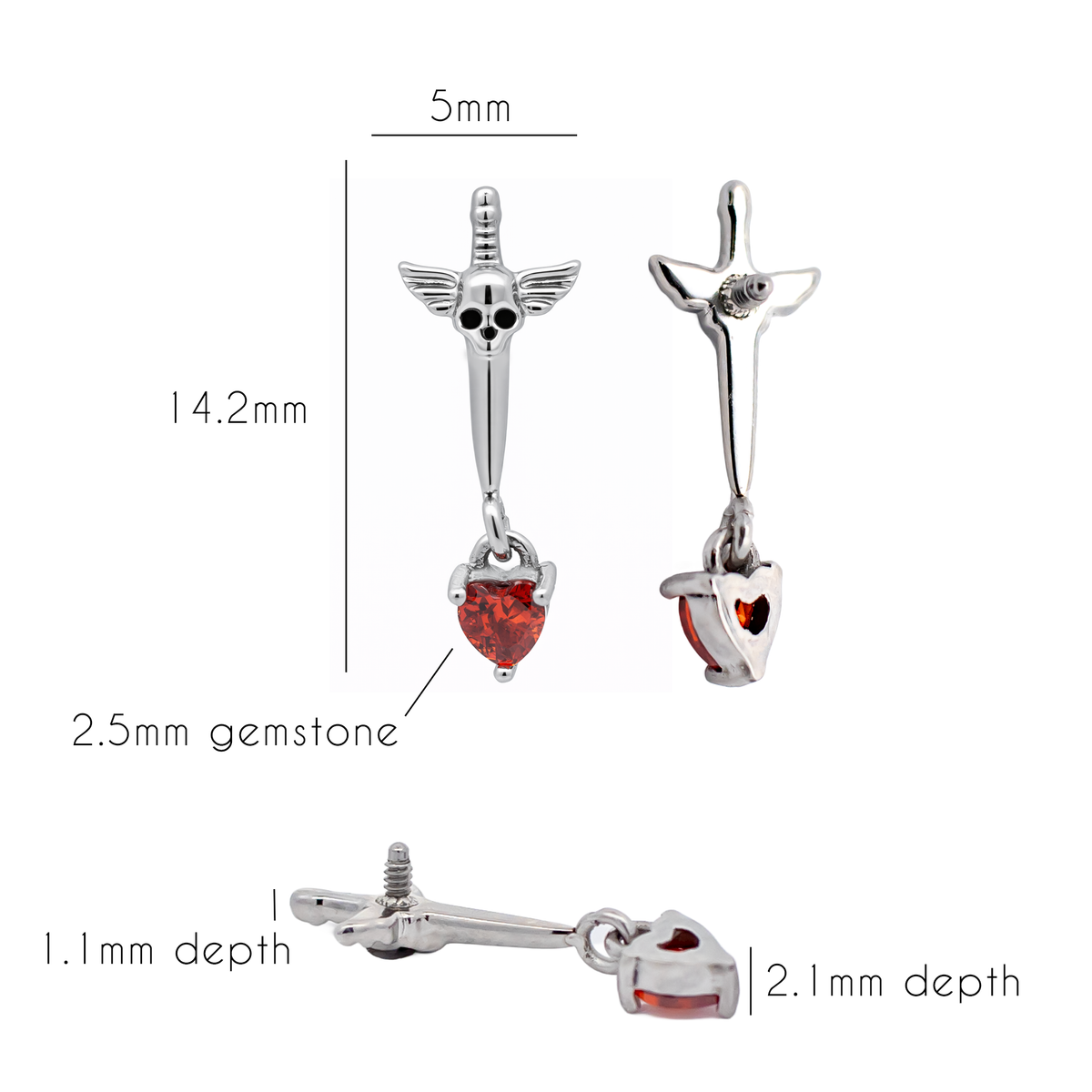 16G/18G Steel Internally Threaded Sword & Skull End with Dangling Red Heart Gem