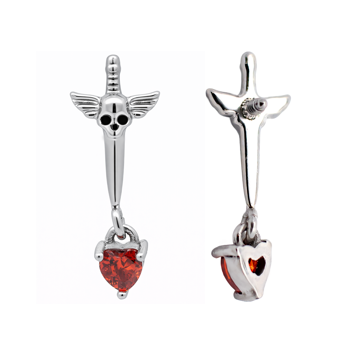 16G/18G Steel Internally Threaded Sword & Skull End with Dangling Red Heart Gem