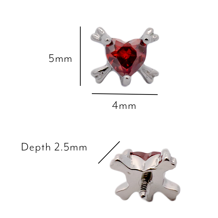 16G/18G Steel Internally Threaded Red Heart Crossbone End | Body Jewelry | Wiccan Center