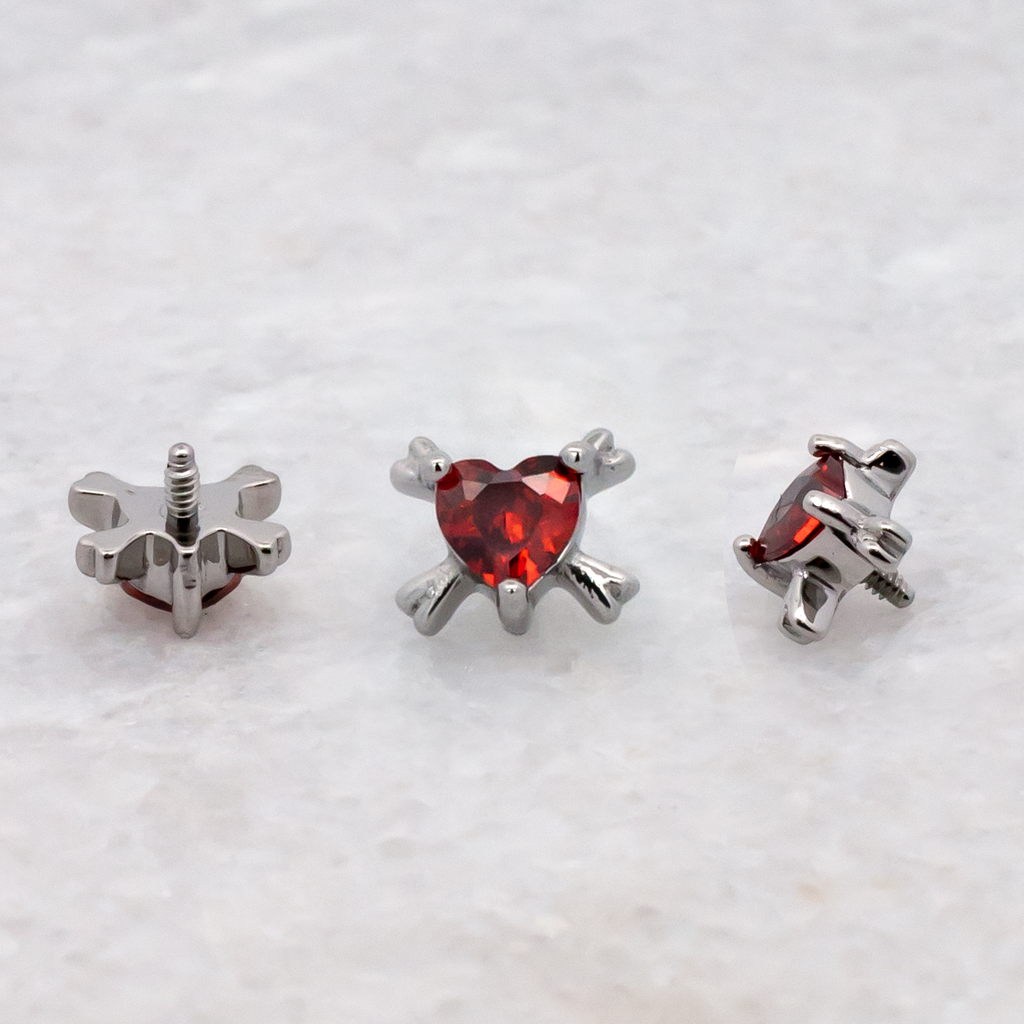 16G/18G Steel Internally Threaded Red Heart Crossbone End | Body Jewelry | Wiccan Center
