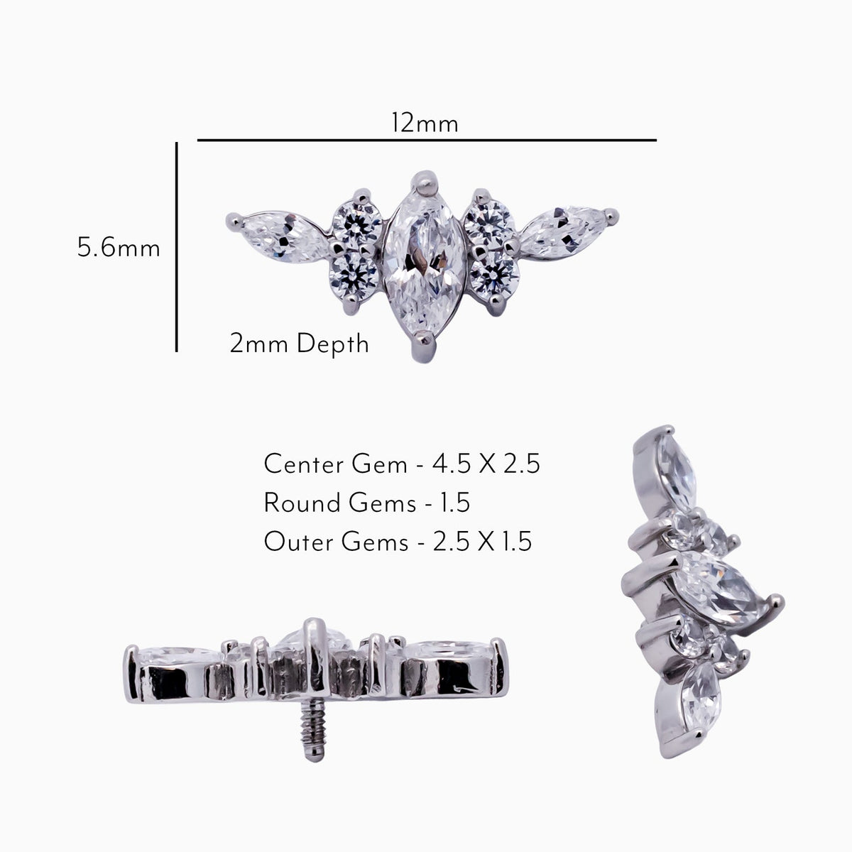 Steel Internally Threaded Arched Marquise Cluster White CZ End - 16G | Body Jewelry | Wiccan Center