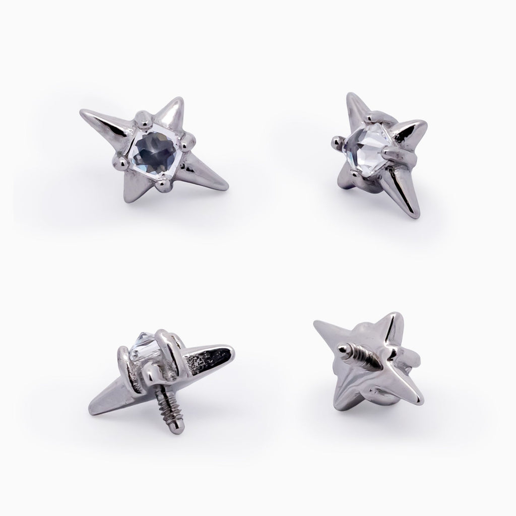 Steel Internally Threaded 4 Point Star with Square White CZ End - 16G | Body Jewelry | Wiccan Center