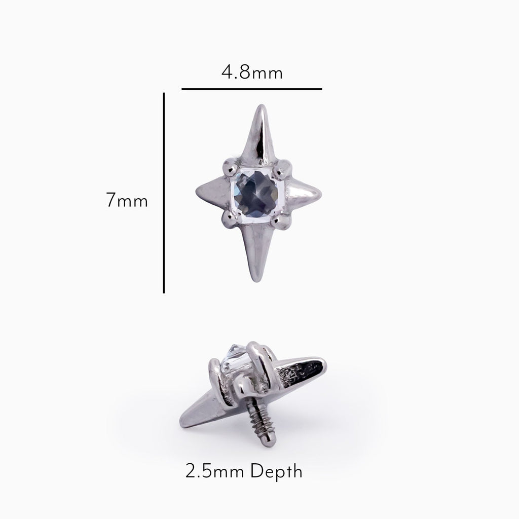 Steel Internally Threaded 4 Point Star with Square White CZ End - 16G | Body Jewelry | Wiccan Center