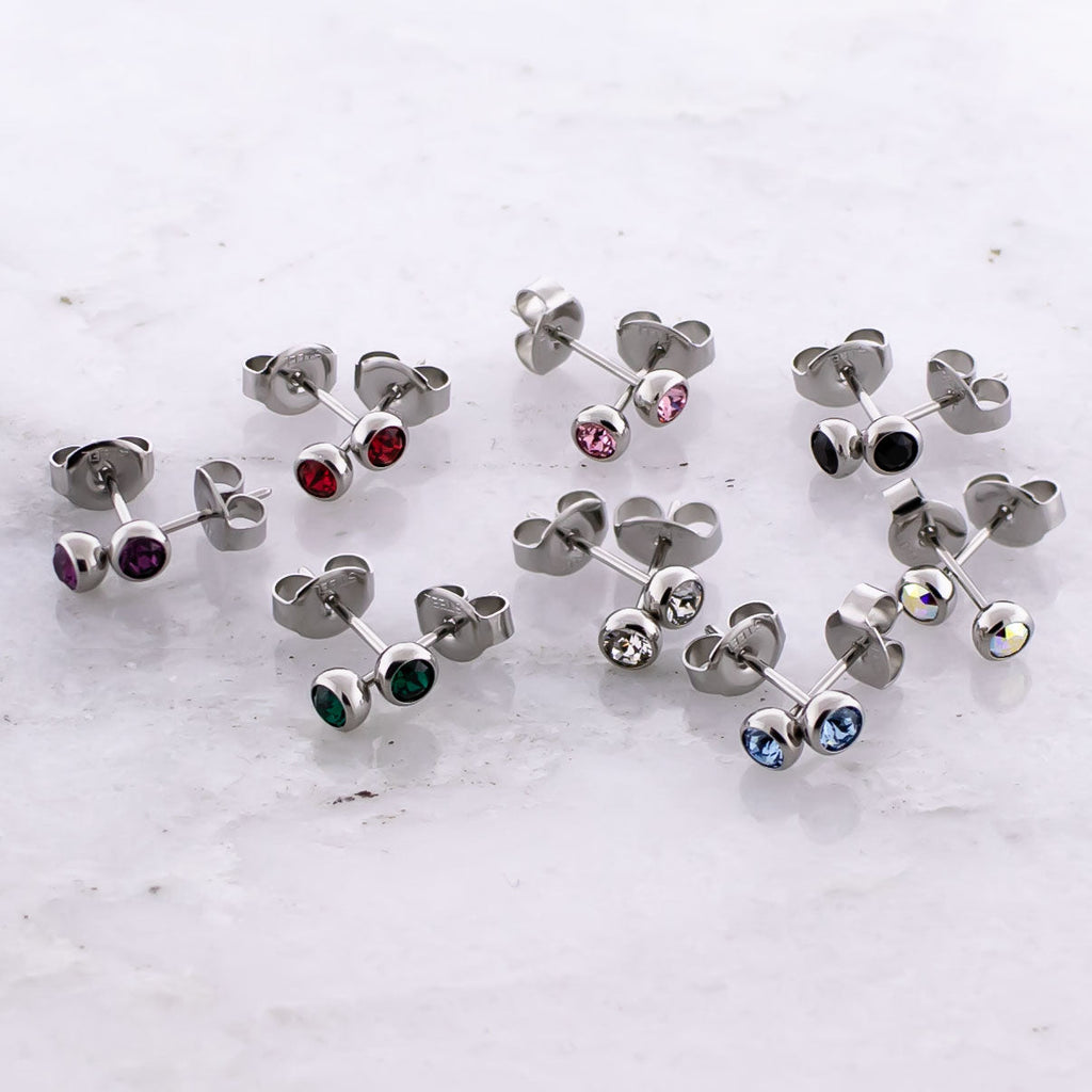 Steel Round Bezel Set Gem Earring Studs | Body Jewelry | Wiccan Center